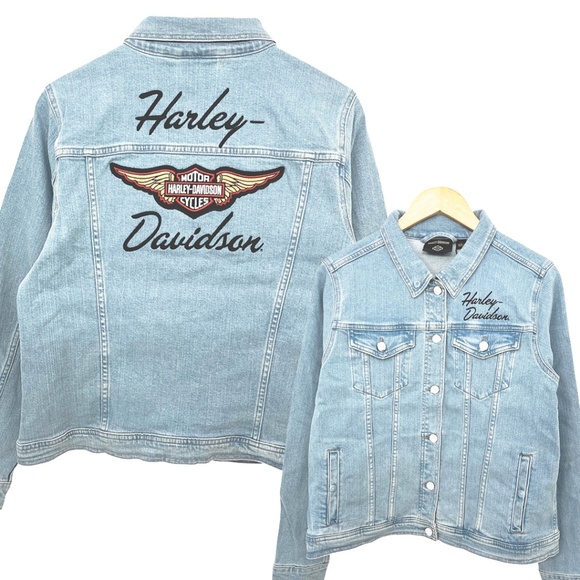 Harley-Davidson® Silver Wing Stretch Denim Jacket Light Indigo Women’s Large - Picture 1 of 13